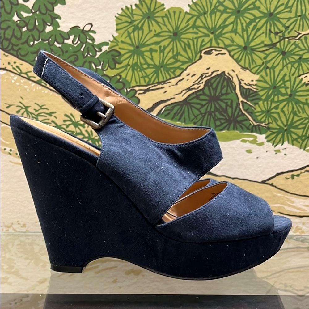 NINE WEST Suede Navy Wedge Sandals